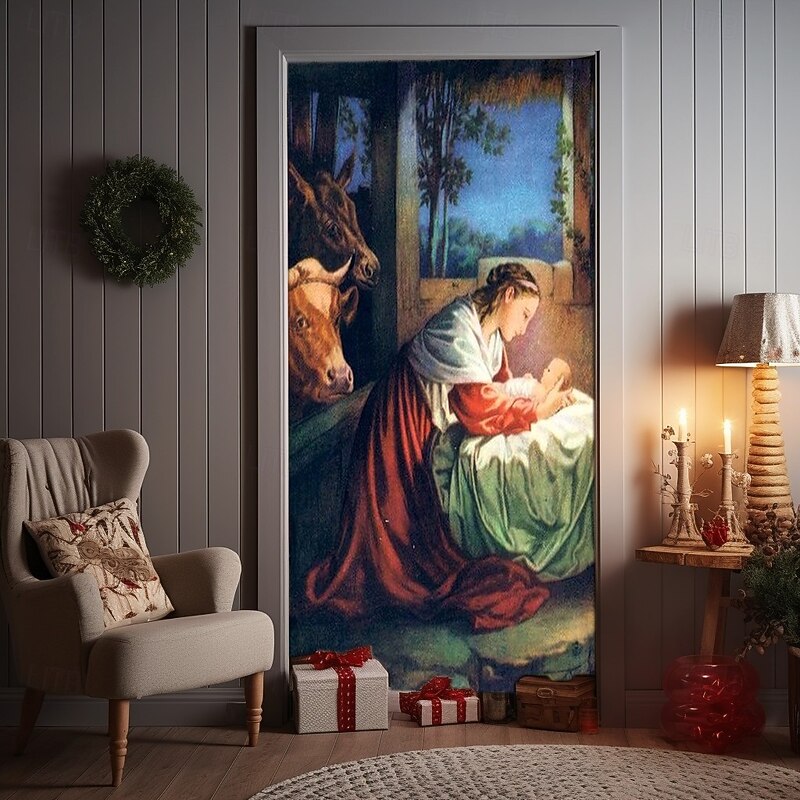 Christmas Door Cover Winter Holiday Decoration Drapes with Nativity Scene Featuring Baby Jesus Virgin Mary and Saint Joseph Print for Home Entryway Living Room Bedroom Indoor Outdoor Religious Seasona