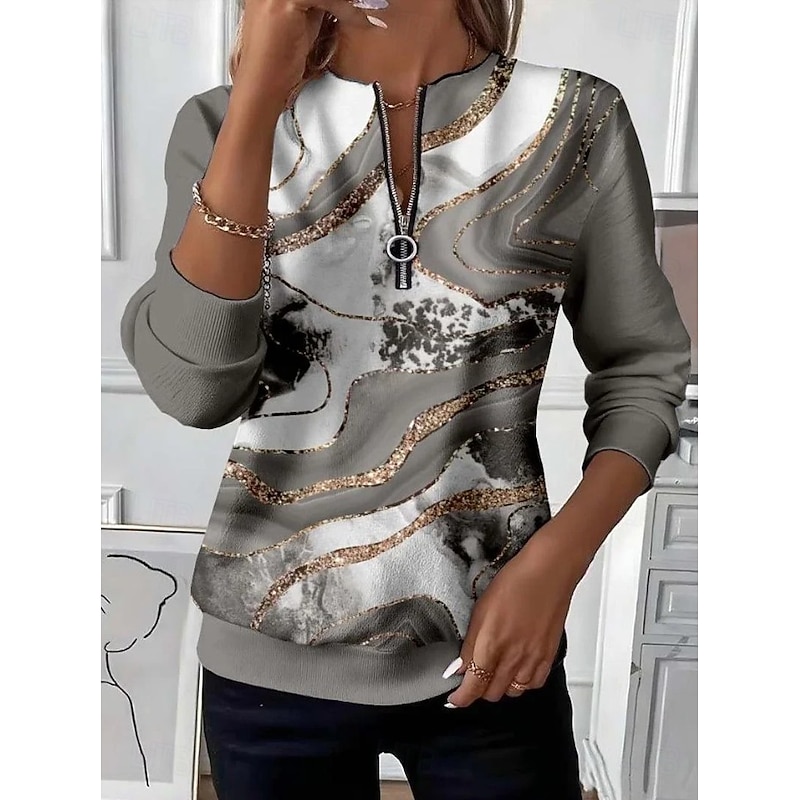 Women's Pullover Sweatshirt Zip Up Sweatshirts Graphic Geometric Abstract Fashion Casual Long Sleeve Crew Neck Regular Tops Street Dailywear Patchwork Zipper Print Dark Gray Fall Winter