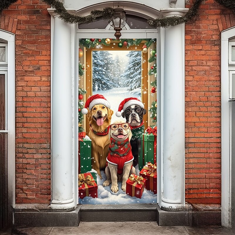 Christmas Door Cover Winter Holiday Decoration Drapes with Puppy Wearing Christmas Hat Opening Door in Snowy Scene Print for Home Entryway Living Room Bedroom Indoor Outdoor Festive Decor3