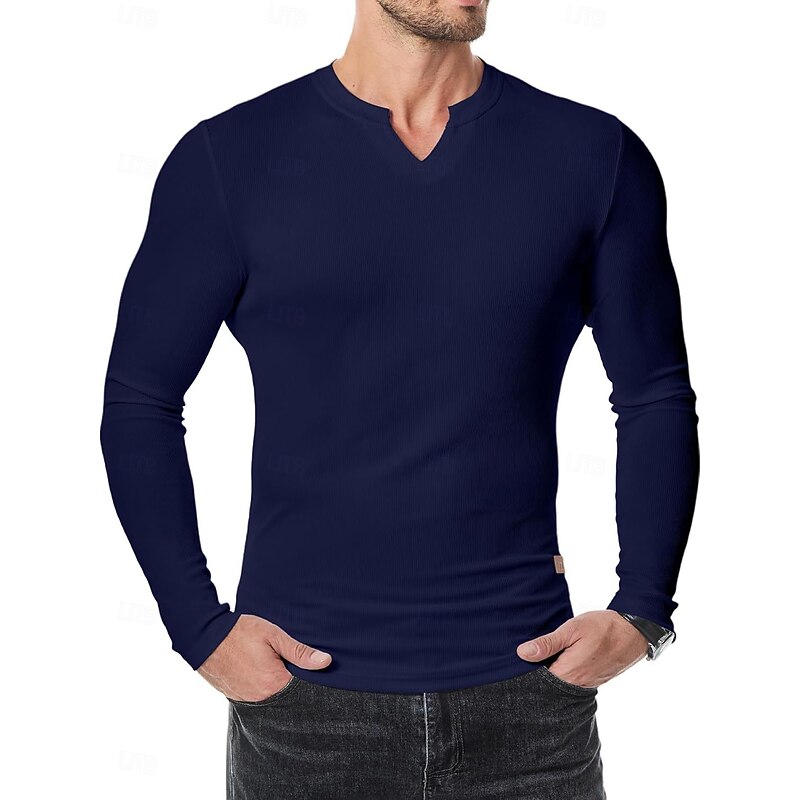 Men's Waffle T-shirt T Shirt Long Sleeve V Neck Fall Solid Color Traditional / Vintage Casual Plain Outdoor Home Sports & Outdoor Black Burgundy Navy Blue Top Tee for Men2