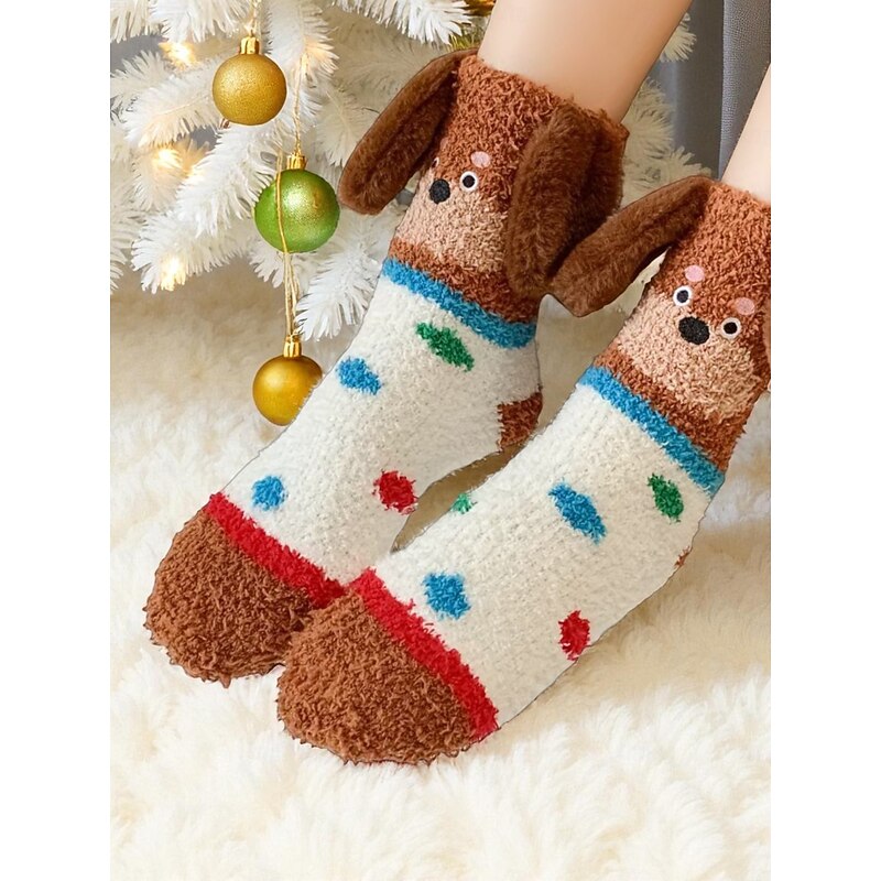 Women's Christmas Cozy Fuzzy Socks, Cute Dog Design Warm Winter Homewear Slippers for Holiday Lounging & Gifts2
