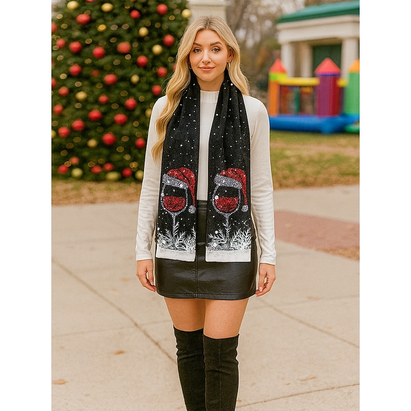 Women's Christmas Wine Glass Scarf, Soft Winter Shawl with Santa Hat Print, Cozy Holiday Neck Wrap for Festive Parties & Gifts, Multiple Colors2