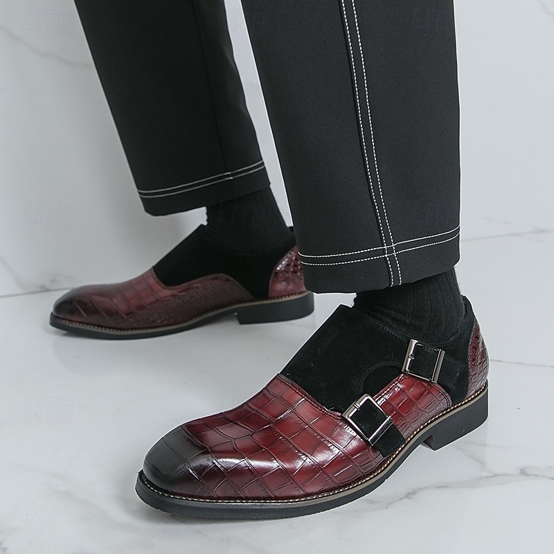 Men's Burgundy Crocodile-Pattern Monk Strap Shoes with Double Buckles, Elegant Business Dress Shoes for Formal Events and Parties3