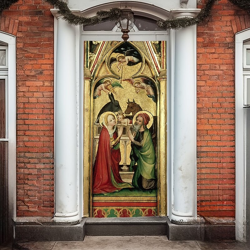 Christmas Door Cover Winter Holiday Decoration Drapes with Nativity Scene Featuring Virgin Mary Baby Jesus Angel Messenger Horse and Donkey Print for Home Entryway Living Room Bedroom Indoor Seasonal2