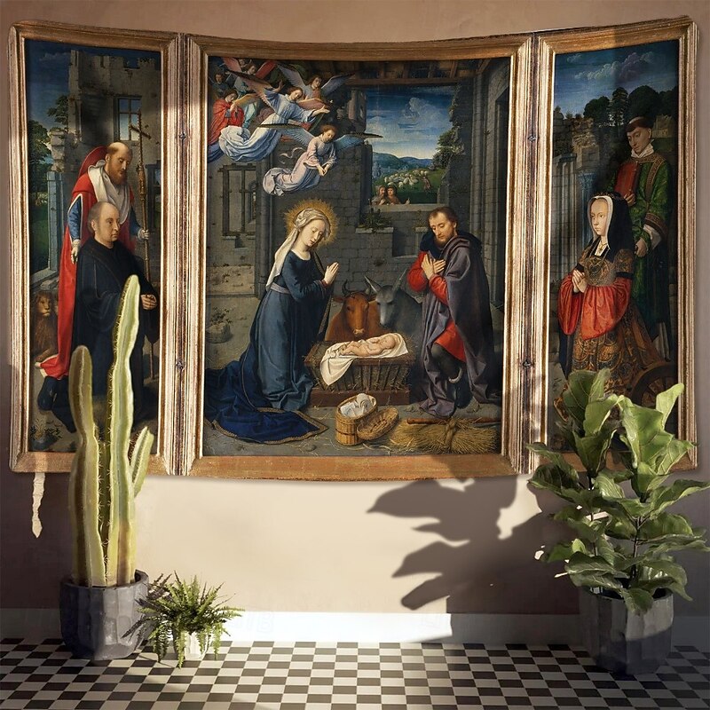 Christmas Hanging Tapestry Nativity Triptych European Classical Art Style Jesus Birth Large Wall Art Mural Decor Blanket Curtain Holiday Home Bedroom Living Room Religious Celebration Decoration2