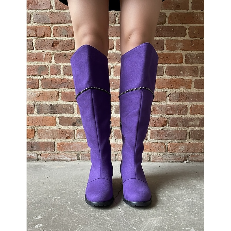 Women's Purple Suede Knee-High Boots with Side Zipper and Studded Detailing - Stylish Casual Footwear for Fall and Winter3