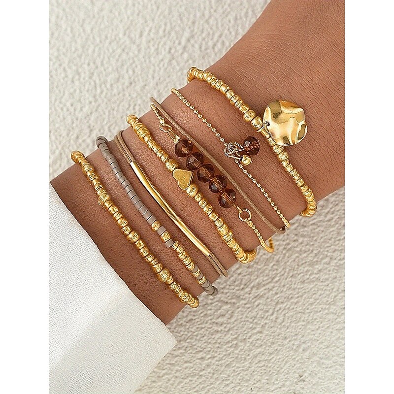 Women's Bohemian Beaded Layered Bracelet Set – Gold and Brown Multi-Strand Bangles with Heart & Charm Accents, Fashion Jewelry for Parties, Festivals and Everyday Wear2