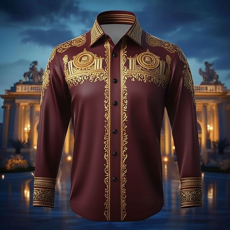 Men's Floral Print Ethnic Shirt Satin Shirt Dress Shirt Long Sleeve Vintage Retro Vacation Dailywear Summer Spring Fall Turndown 3D Print Button Up Shirts Black Wine Dark Blue3