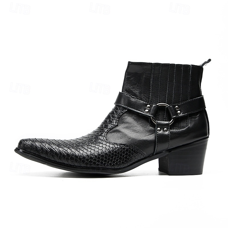 Men's Black Genuine Leather Harness Boots with Crocodile Pattern and Block Heel, Cowhide Motorcycle Cowboy Boots for Stage, Club and Gothic Fashion4