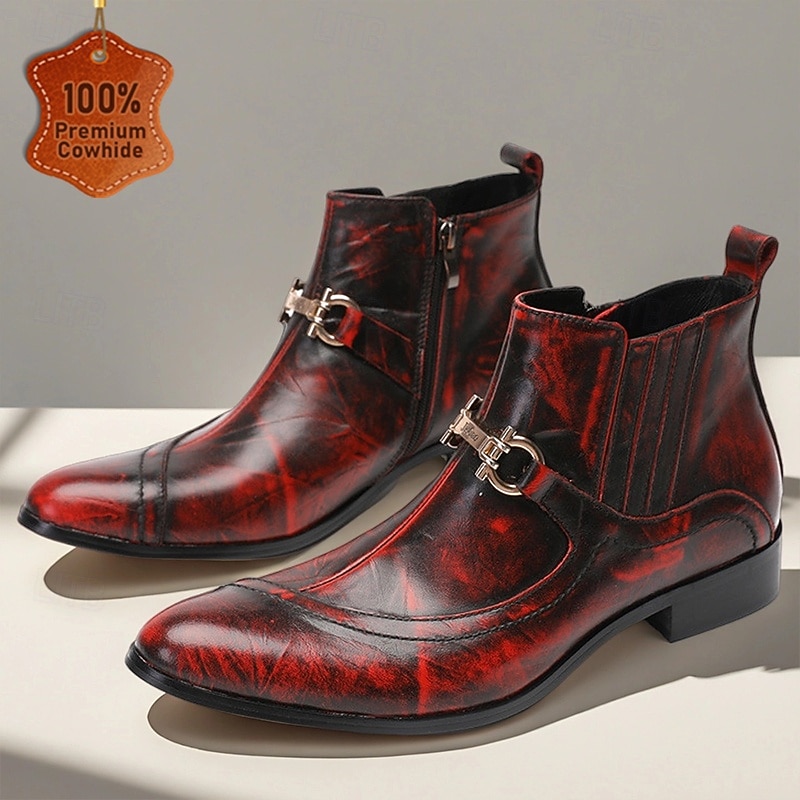 Men's Red Genuine Leather Monk Strap Ankle Boots with Burnished Finish and Buckle Detailing, Cowhide Dress Boots for Parties, Concerts and Fashion Events - Main Image