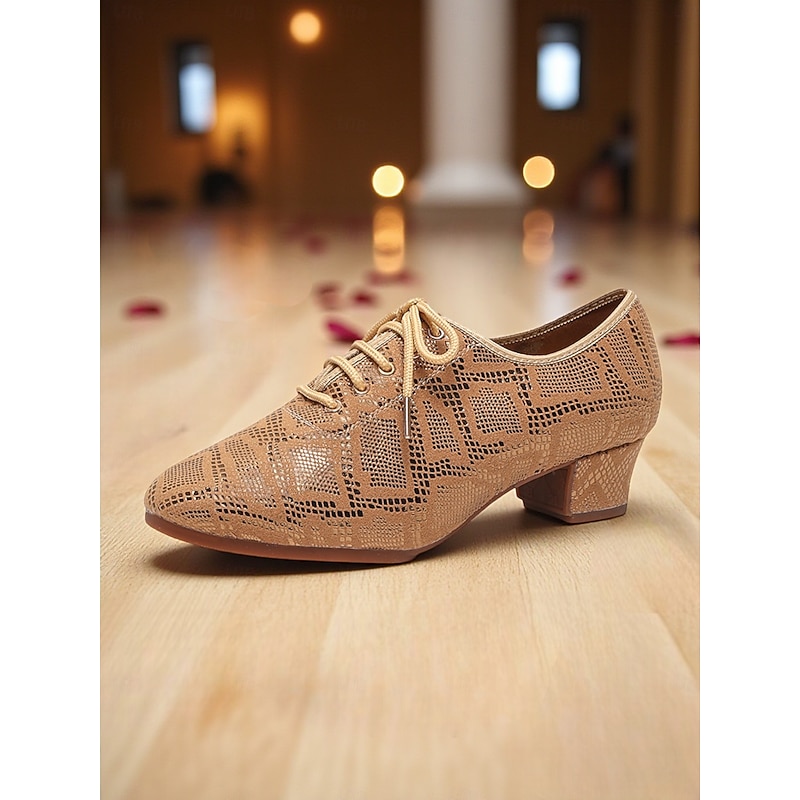 Women's Beige Lace-Up Ballroom Dance Shoes - Low Heel Oxford Style Glitter Pattern Pumps for Professional Dance Party & Performances4