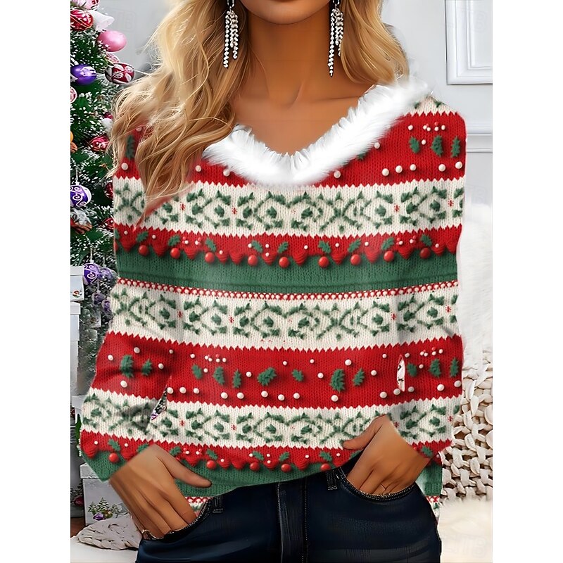 Christmas Women's Shirt Graphic Snowflake Elegant Vintage Party Long Sleeve V Neck Regular Tops Party Evening Wear Daily Holiday Glitter White and Red Green / Red Pink Red Blue Spring Fall Winter3