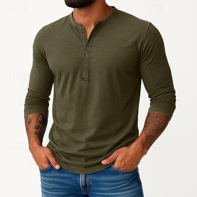 Men's Henley Shirt Tee Top Long Sleeve Shirt Long Sleeve Plain Vintage Basic Casual Vintage Style Washed Henley Vacation Street Casual Spring Fall All Seasons Black Burgundy Navy Blue Henley T-Shirt3