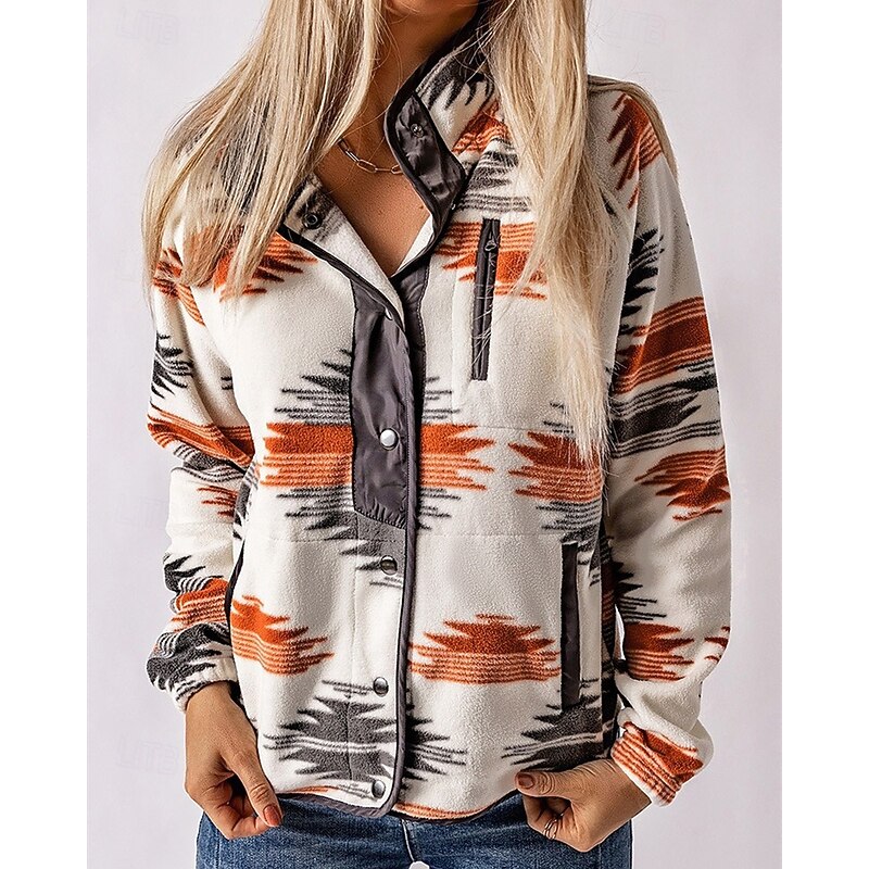 Women's Sweatshirts Geometric Fashion Ethnic Casual Long Sleeve High Neck Regular Tops Street Dailywear Casual Pocket Buttons Navy Blue Blue Green Gray Fall Winter