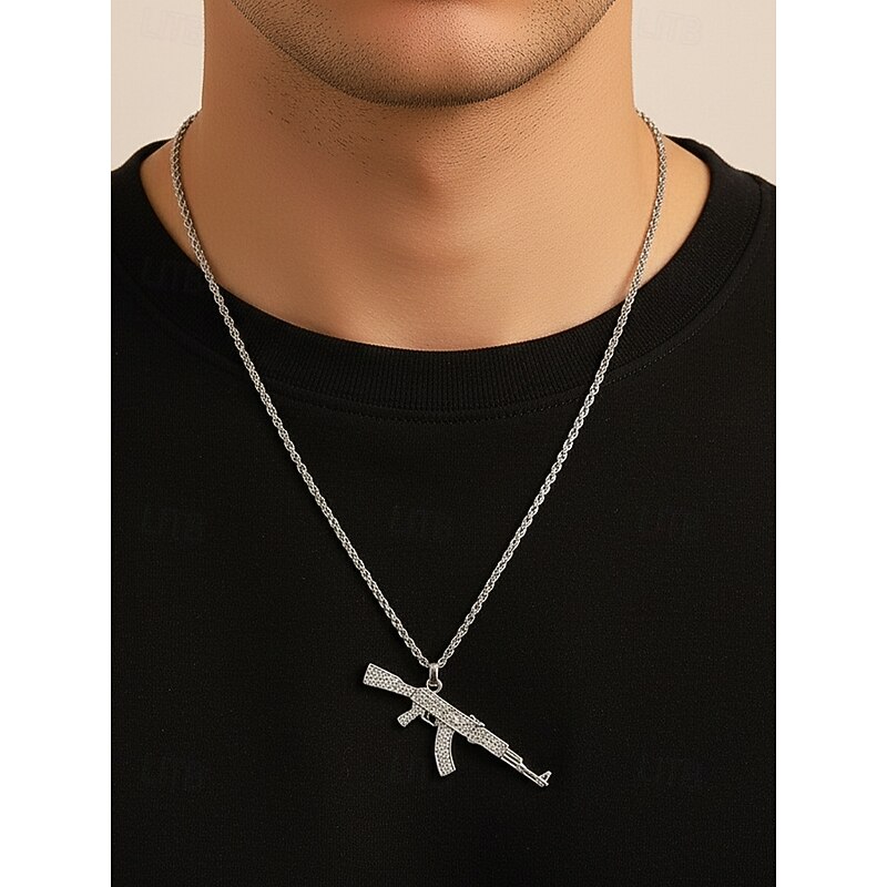 Men's Alloy Pendant Necklace with Rhinestone Gun Design, Hip Hop Bling Jewelry Chain, Fashion Statement Accessory for Parties, Concerts & Streetwear3