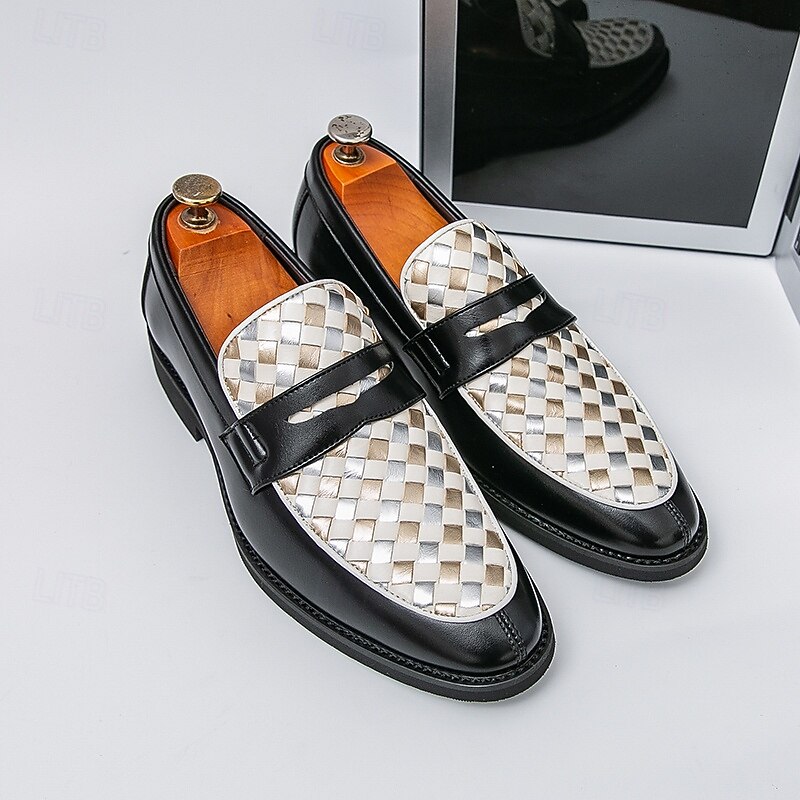 Men's Black and White Woven Faux Leather Loafers with Metal Accent, Elegant Slip-On Dress Shoes for Business, Parties and Formal Events3