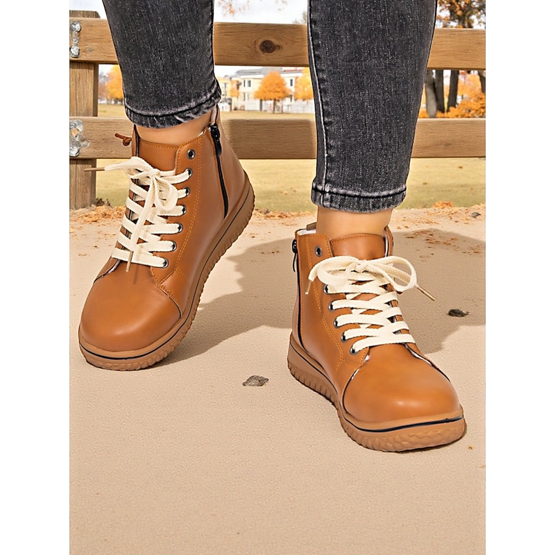 Women's Warm Lace-Up Ankle Boots with Side Zipper, Casual Winter Walking Shoes, Stylish Outdoor Footwear for Cold Weather2