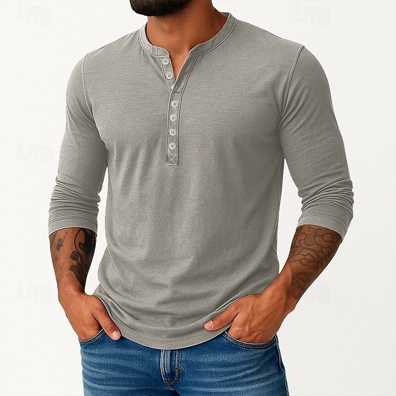 Men's Henley Shirt Tee Top Long Sleeve Shirt Long Sleeve Plain Vintage Basic Casual Vintage Style Washed Henley Vacation Street Casual Spring Fall All Seasons Black Burgundy Navy Blue Henley T-Shirt2