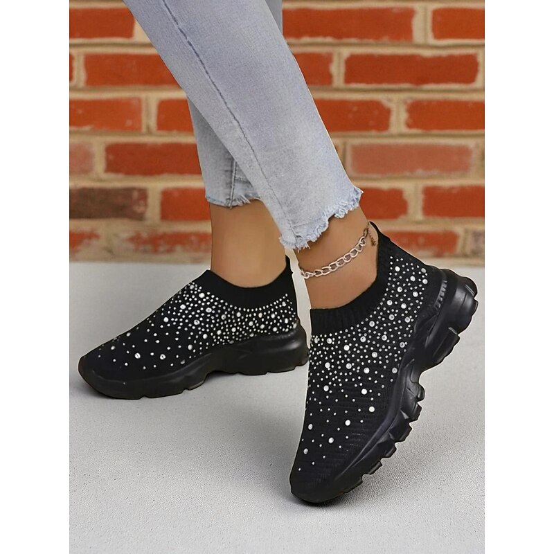 Women's Sneakers Flyknit Shoes Christmas Daily Rhinestone Flat Heel Round Toe Casual Comfort Walking City Running Tissage Volant Loafer Black White Pink3