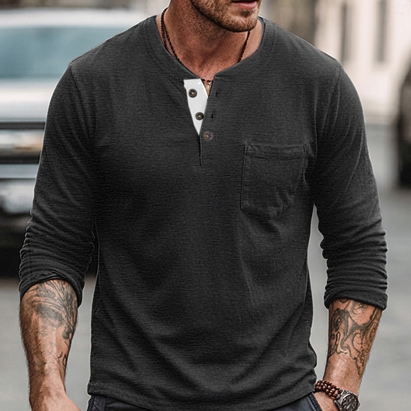 Men's T Shirt Henley Shirt Long Sleeve Shirt Long Sleeve Plain Solid Lightweight Classic Casual Button-Down Henley Vacation Casual Holiday Spring &  Fall All Seasons Black White khaki Henley T-Shirt4