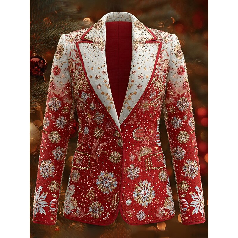Women's Blazer Windproof Comfortable Buttons Christmas Elegant Active Fashion Solid Color Formal Christmas Anniversary Single Breasted Regular Notch Lapel Regular Fit Long Sleeve Outerwear White Red - Main Image