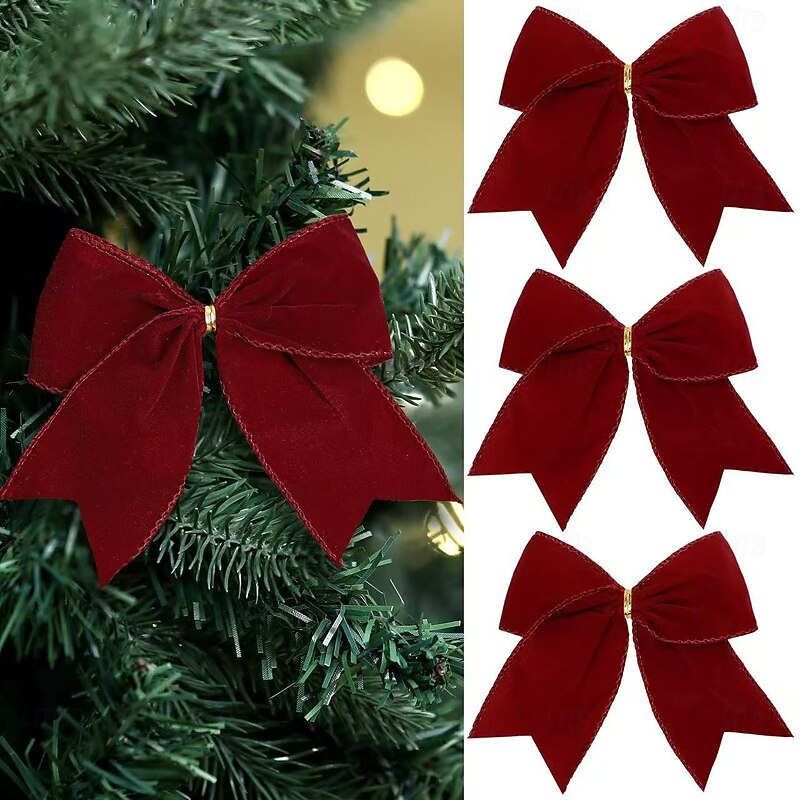 12pcs Christmas Ribbon Bows Ornaments Xmas Tree Decorations – 6-Inch Velvet Bows in Red, Brown & Green, Rustic Wreath and Gift Bows, Vintage Holiday Decor for Tree, DIY Crafts and Wrapping