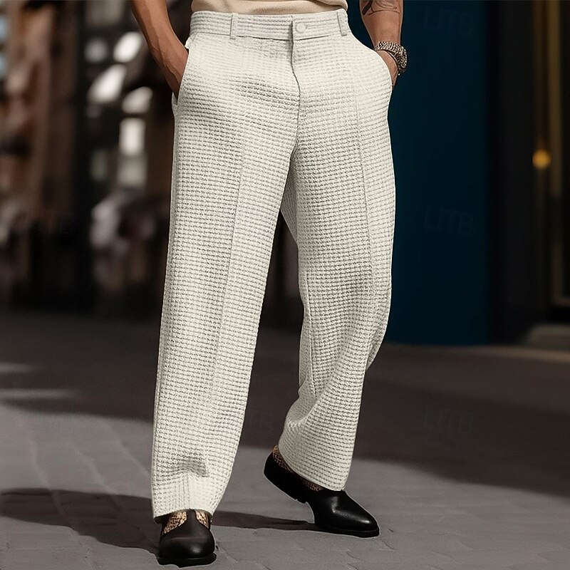 Men's Trousers Dress Pants Baggy Pants Waffle Pants Pocket Wide Leg Plain Breathable Full Length Outdoor Party Business Vacation Fashion Black White Inelastic3