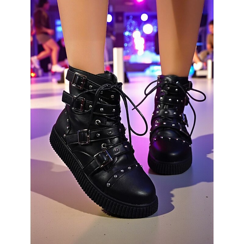 Women's Black Faux Leather Punk Biker Boots with Buckles & Studs, Gothic Lace-Up Platform Ankle Booties for Concerts, Parties & Streetwear Fashion4
