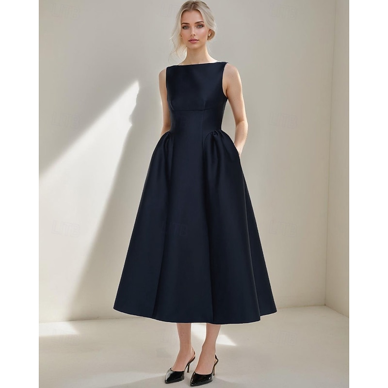 A-Line Cocktail Dresses Elegant Dress Formal Wedding Tea Length Sleeveless Boat Neck Satin with Pleats Pocket