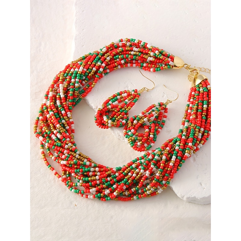 Women's Multicolor Beaded Necklace and Earrings Set, Festive Handmade Jewelry for Christmas Party & Holiday Outfits2