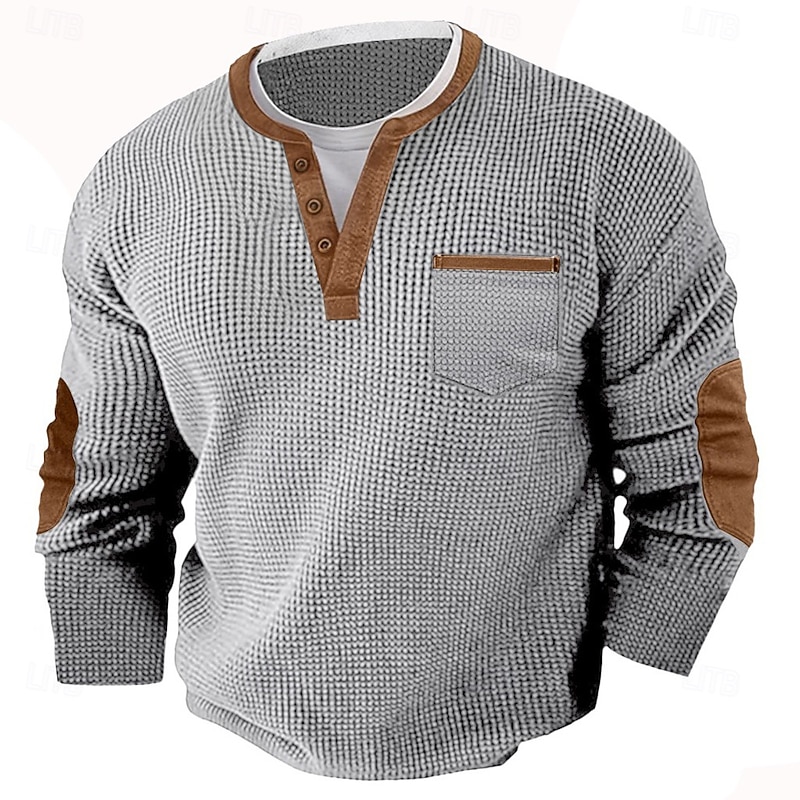 Men's Waffle Tee Waffle Henley Shirt Long Sleeve Henley Fall Spring &  Fall Solid Color Fashion Basic Henley Fake two piece Vacation Home Office Black Gray Navy Blue Top Tee for Men2
