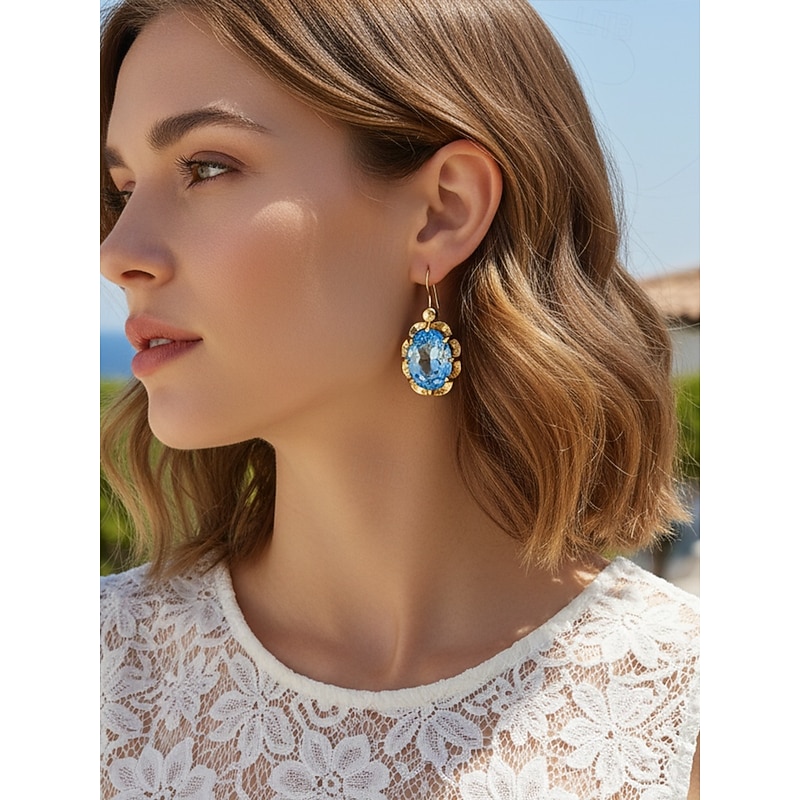 Women's Christmas Drop Earrings with Large Oval Crystal Gemstones, Elegant Gold-Tone Dangle Jewelry, Festive Holiday Party Accessories3