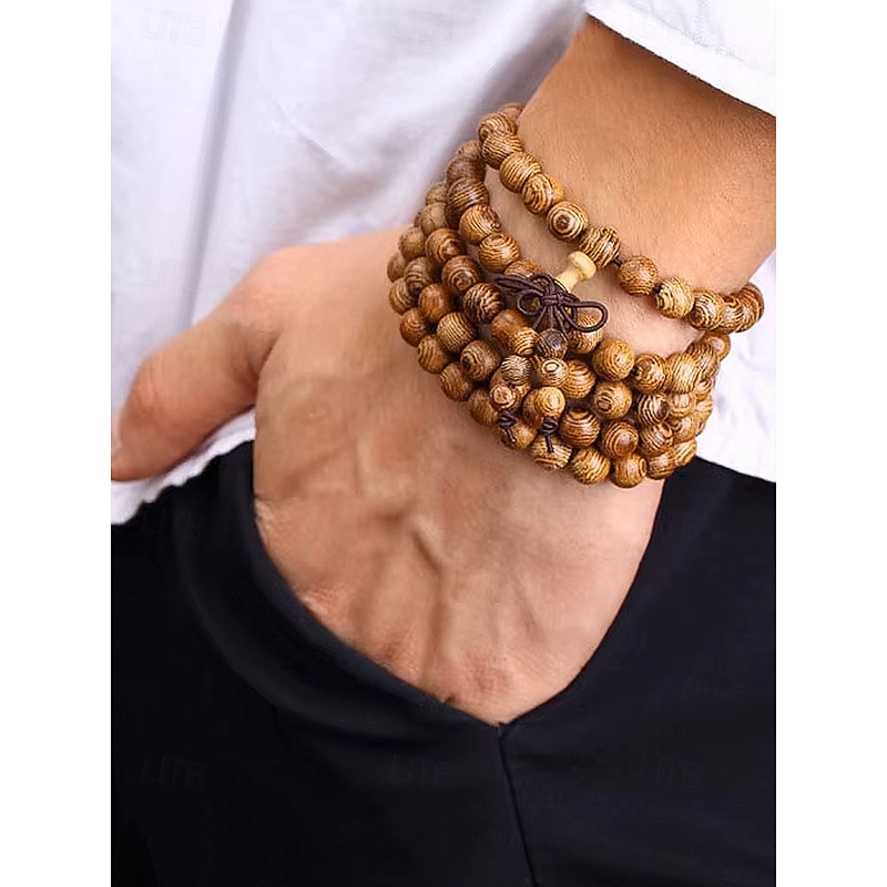 Men's Wooden Bead Bracelet Multi-Layer Wrap, Vintage Prayer Mala Wristband, Multiple Colors Fashion Jewelry, Unique Christmas Gift for Daily Wear & Parties