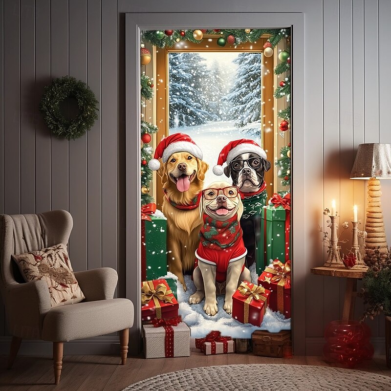 Christmas Door Cover Winter Holiday Decoration Drapes with Puppy Wearing Christmas Hat Opening Door in Snowy Scene Print for Home Entryway Living Room Bedroom Indoor Outdoor Festive Decor2