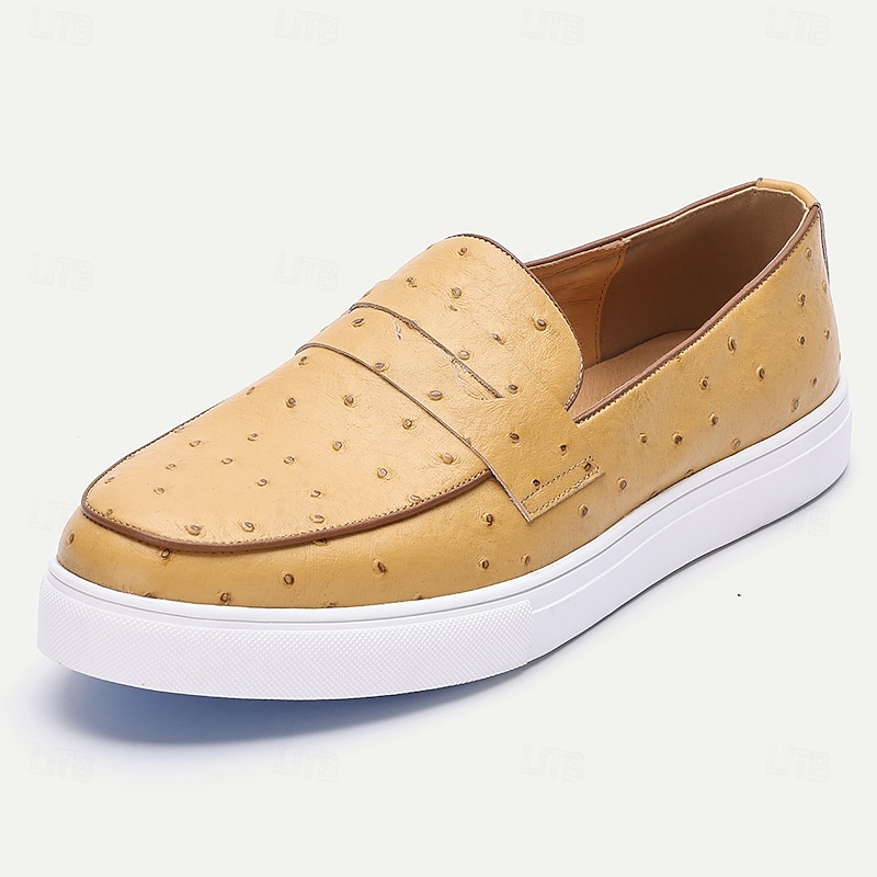 Men's Yellow Genuine Leather Ostrich Pattern Loafers with Soft Insole and Non-Slip Rubber Sole, Luxury Casual Slip-On Shoes for Business and Weekend Wear2