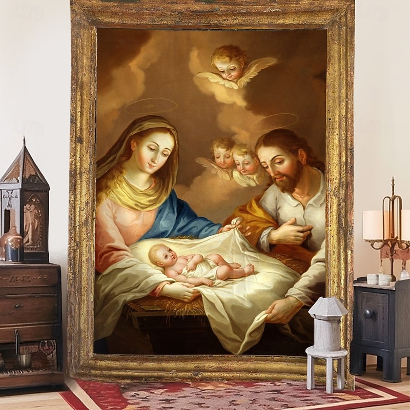 Christmas Hanging Tapestry Nativity Scene with Angel Messenger Oil Painting Style Jesus Birth Large Wall Art Mural Decor Blanket Curtain Holiday Home Bedroom Living Room Religious Celebration Decor