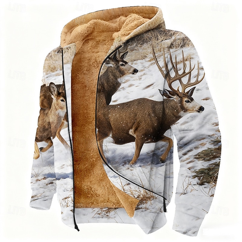 Men's Camouflage Deer Fleece Hoodie Jacket Classic Military Long Sleeve Crew Neck Outdoor Camping Brown Light Grey Zip Up Fall Winter Designer3
