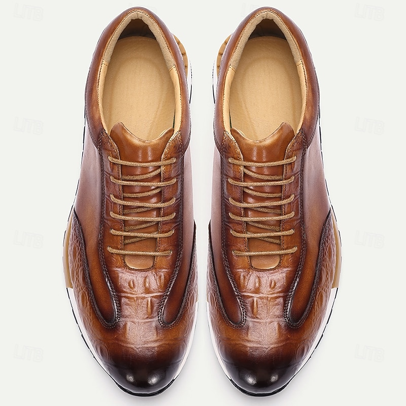 Men's Tan Genuine Leather Crocodile Pattern Sneakers with Lace-Up Closure and Flexible Sole, Luxury Casual Dress Shoes for Parties and Business Casual Outfits4
