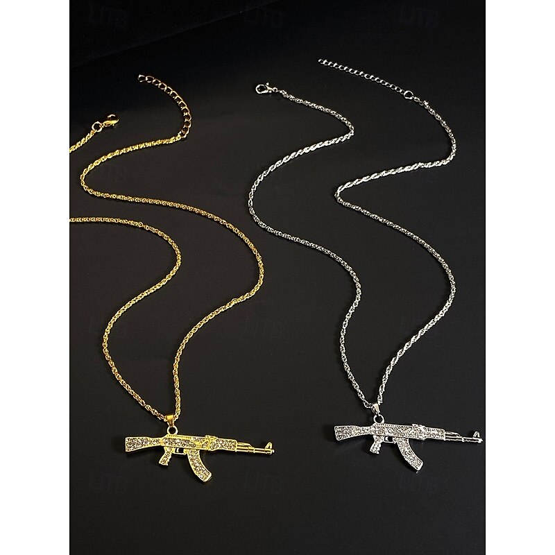 Men's Alloy Pendant Necklace with Rhinestone Gun Design, Hip Hop Bling Jewelry Chain, Fashion Statement Accessory for Parties, Concerts & Streetwear4