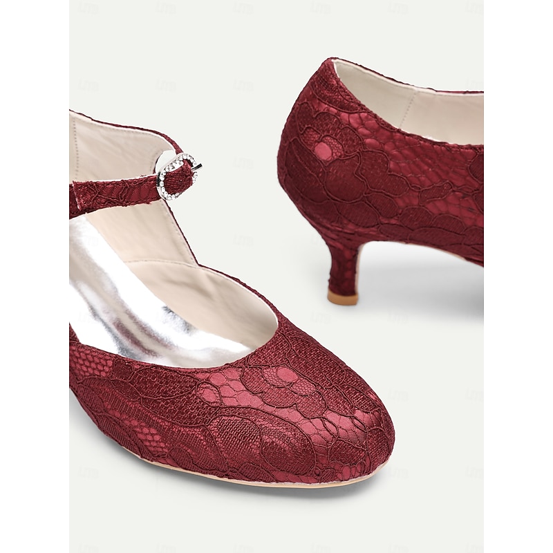 Women's Burgundy Lace Mary Jane Heels with Kitten Heel and Rhinestone Buckle - 1920s Elegant Retro Shoes for Ladies, Ideal for Weddings, Dance Parties & Formal Occasions3