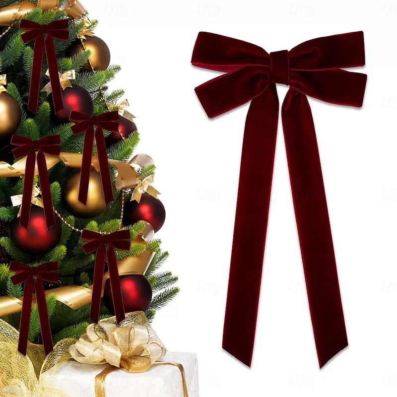 5pcs Christmas Ribbon Bows Ornaments Xmas Tree Decorations, Large Red Velvet Bows for Home, Door, Wedding, Party and Birthday Decor4