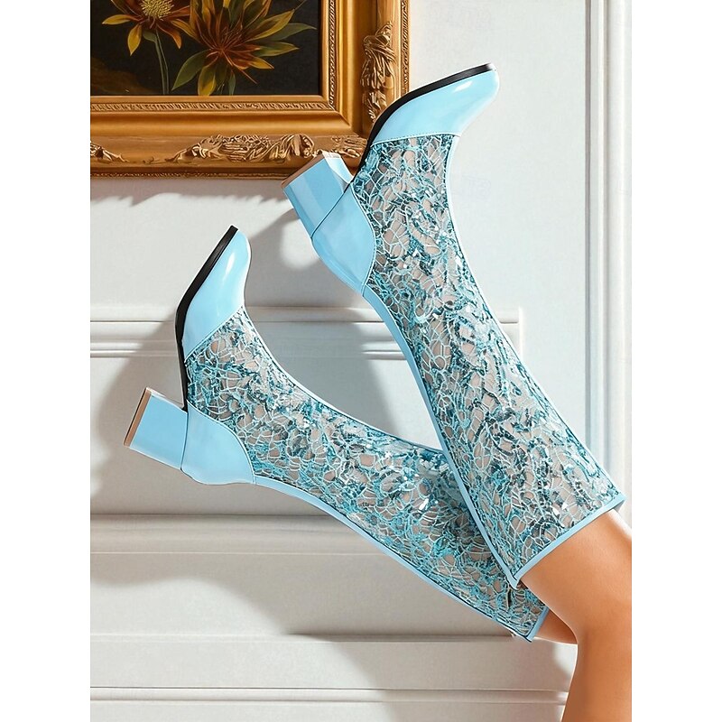 Women's Blue Lace Mid-Calf Boots with Block Heel - Elegant Vintage Retro Mesh Boots for Weddings, Parties & Cosplay Costumes3