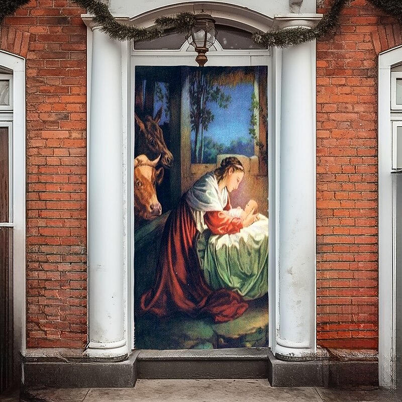 Christmas Door Cover Winter Holiday Decoration Drapes with Nativity Scene Featuring Baby Jesus Virgin Mary and Saint Joseph Print for Home Entryway Living Room Bedroom Indoor Outdoor Religious Seasona2