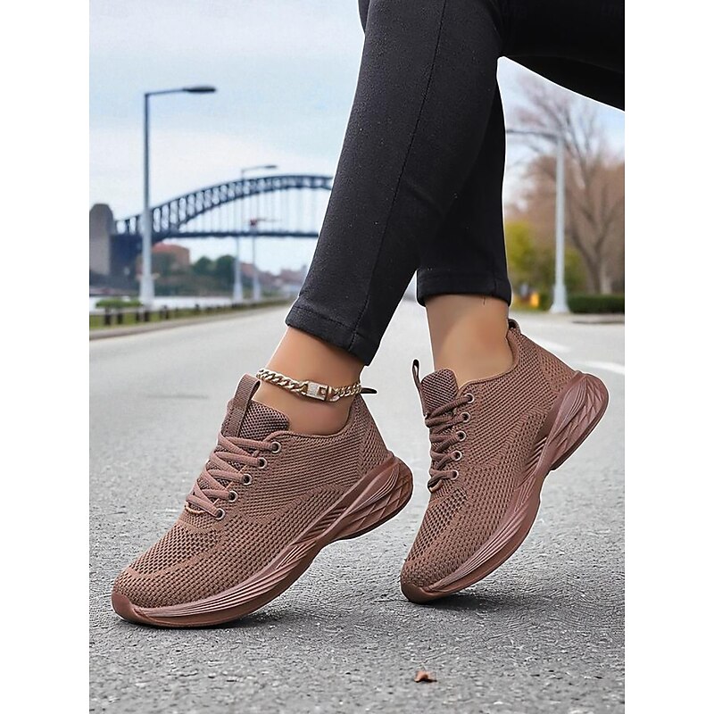 Women's Coffee Flyknit Lace-Up Sneakers with Breathable Mesh Upper and Cushioned Sole, Lightweight Casual Walking Shoes for Running, Travel & Everyday Wear3
