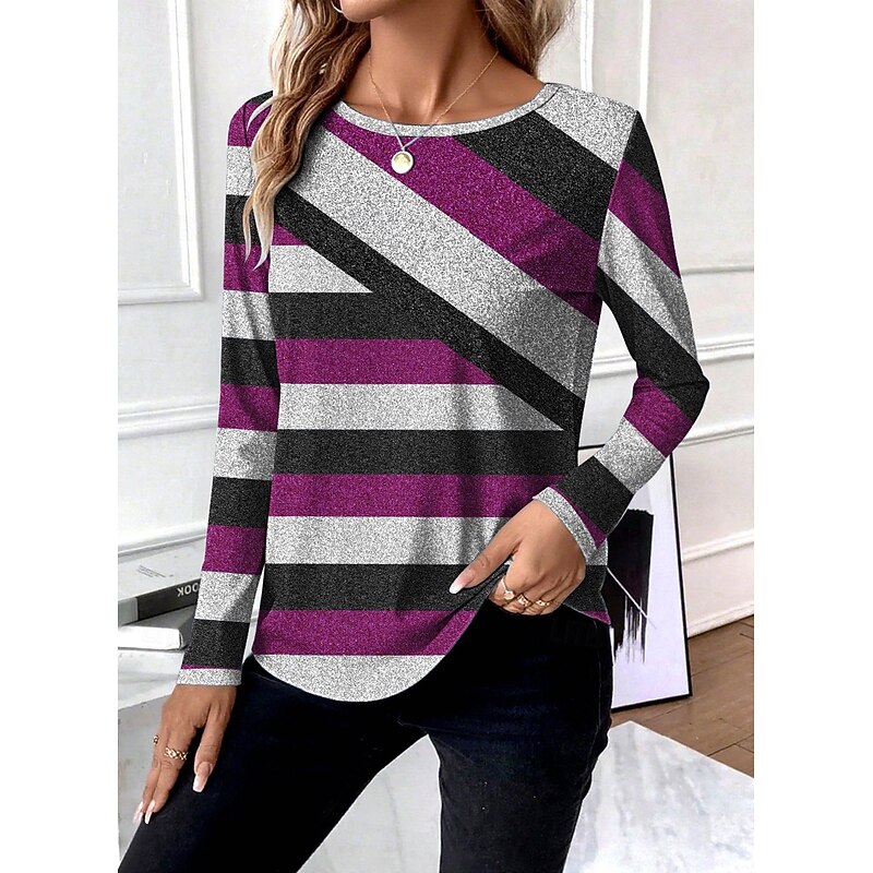Women's T Shirt Graphic Geometric Abstract Vintage Fashion Stylish Long Sleeve Crew Neck Round Neck Regular Tops Daily Weekend Print Purple Orange Gray Summer Spring Fall3