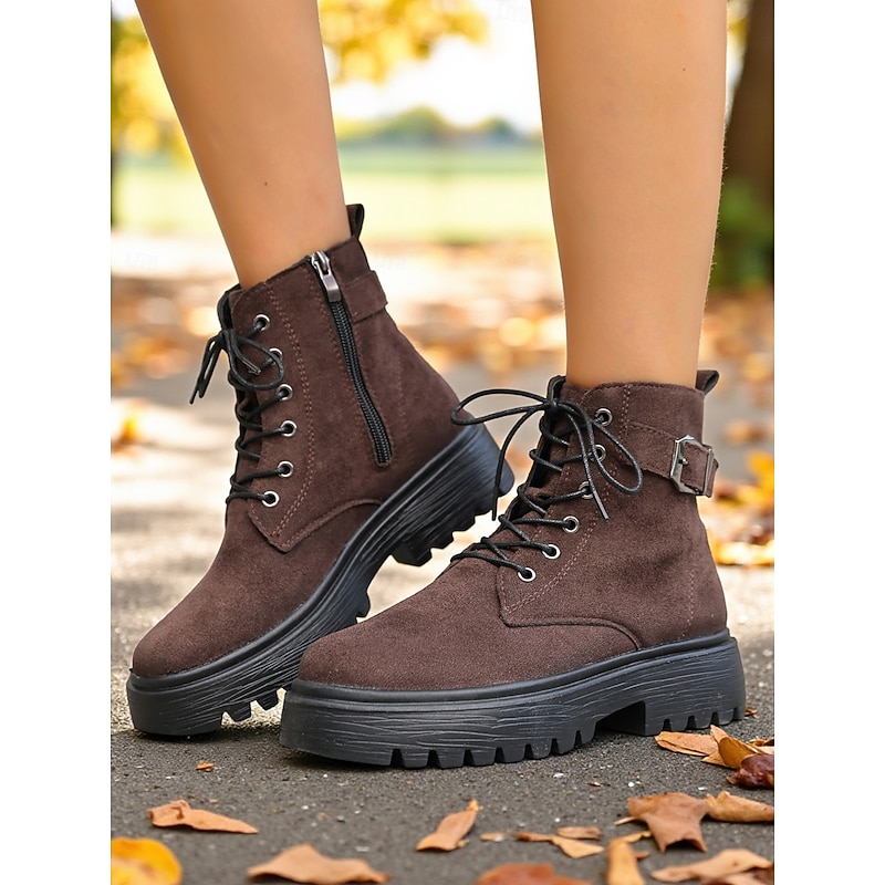 Women's Brown Lace-Up Combat Boots with Faux Fur Lined and Buckle Strap, Chunky Non-Slip Sole, Casual Faux Suede Ankle Boots for City Nomadic Style Outfits and Winter Casual Wear