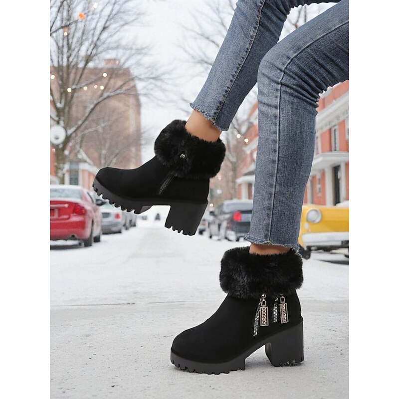 Women's Black Faux Suede Fur-Lined Ankle Boots, Warm Zip-Up Chunky Heel Winter Booties for Snow, Outdoor Wear & Christmas Outfits4