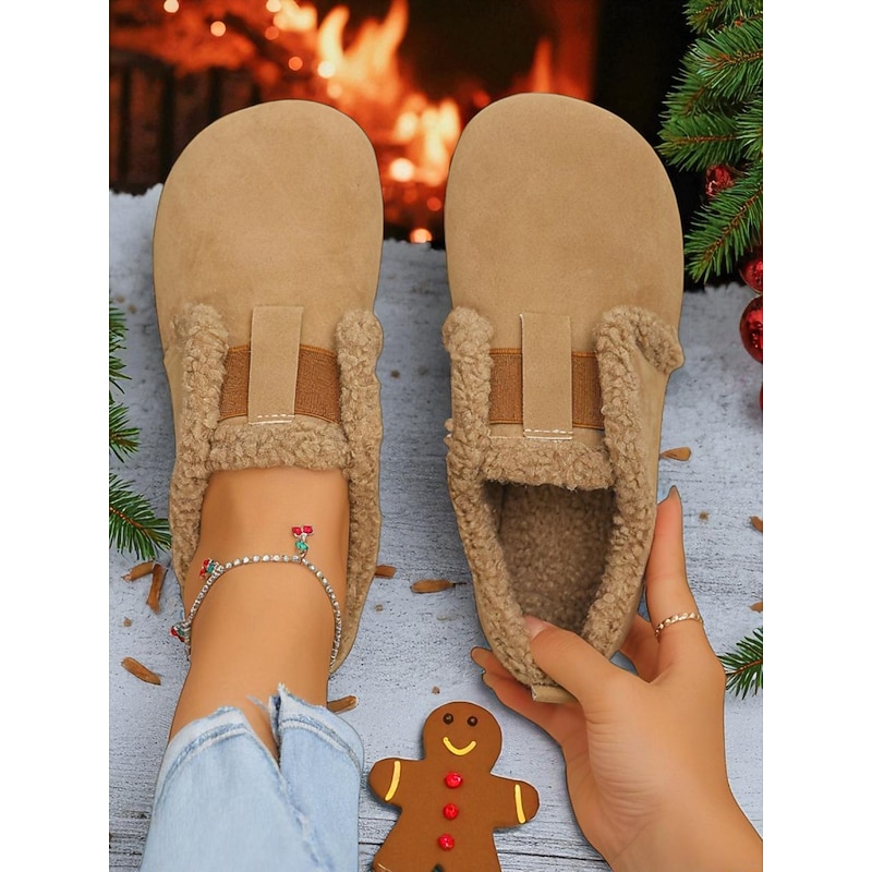 Women's Wide Width Fleece Lined Slip-On Shoes, Cozy Warm Shoes with Elastic Band, Winter Indoor Footwear for Fall Winter Casual Wear2
