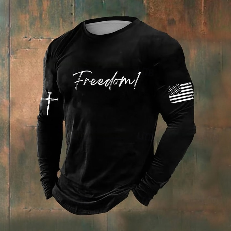 Men's American US Flag Freedom T Shirt Long Sleeve T shirt 3D Print Crew Neck Shirt Daily Casual Funny Political T Shirt Party Birthday Street Black Red Blue Fall Winter Clothing Apparel S M L XL XXL2