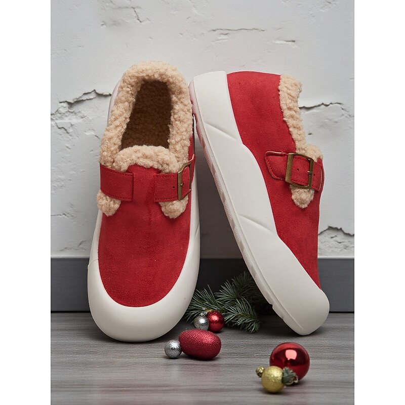 Women's RedFaux Suede  Wide Fit Slip-On Shoes with Warm Plush Lining and Buckle Detail, Cozy Winter Casual Footwear for Indoor & Outdoor Wear2